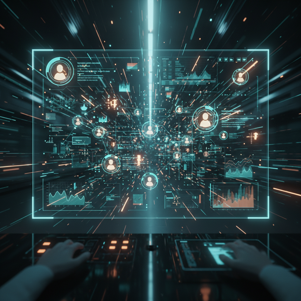 CRM system visualization with connected nodes and data flows